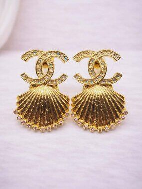 Authentic Chanel CC Shell Earrings Gold Rhinestone Statement